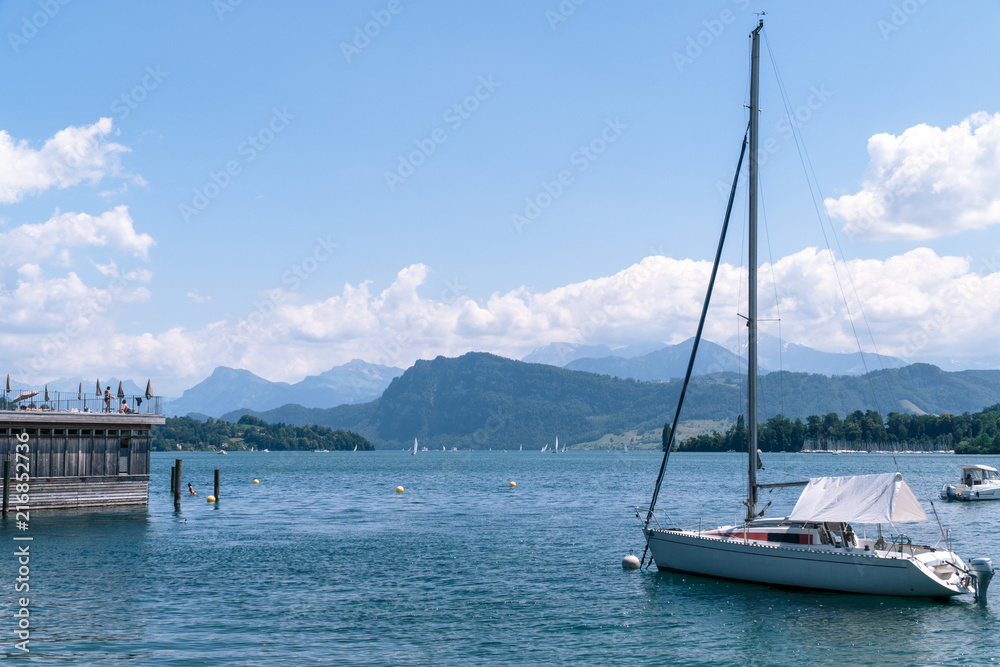 Historic city center of Lucerne, Switzerland's main tourist attractions on a sunny day in summer, Canton of Lucerne, Switzerland Historic city center of Lucerne, Switzerland's main tourist attractions on a sunny day in summer, Canton of Lucerne, Switzerland