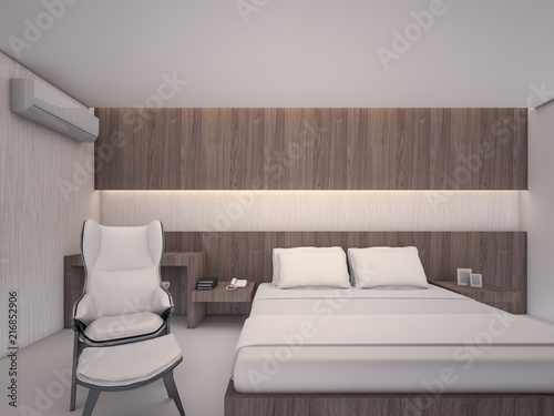 3D Rendering of Luxury bedroom in the hotel with wooden furniture design