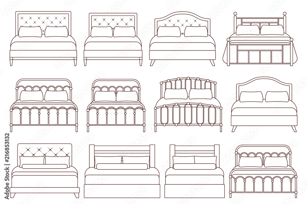 Fototapeta premium Bed. Vector. Furniture icon set in flat design for bedroom. Linear illustration in line art style. House equipment for hotel room isolated on white background. Outline sketch.