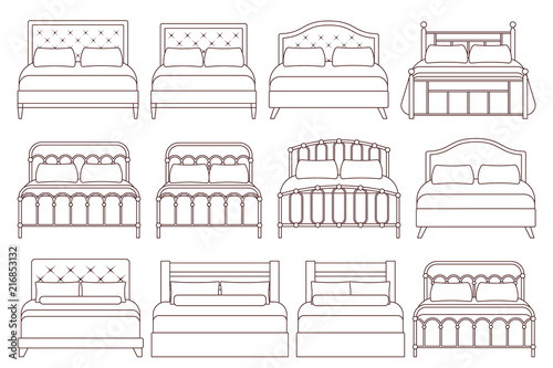 Bed. Vector. Furniture icon set in flat design for bedroom. Linear illustration in line art style. House equipment for hotel room isolated on white background. Outline sketch.
