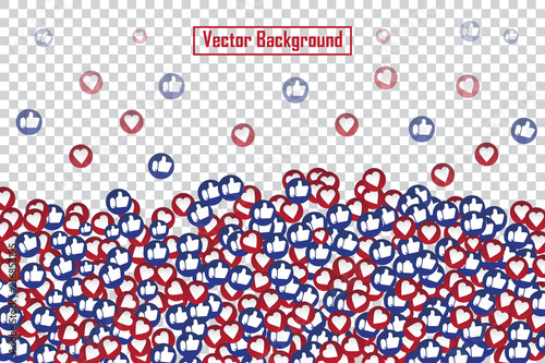 Social nets blue thumb up like and red heart floating web buttons isolated on transparent background. Like and heart icons for live stream video chat likes falling background vector design template