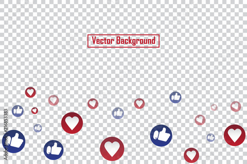Social nets blue thumb up like and red heart floating web buttons isolated on transparent background. Like and heart icons for live stream video chat likes falling background vector design template