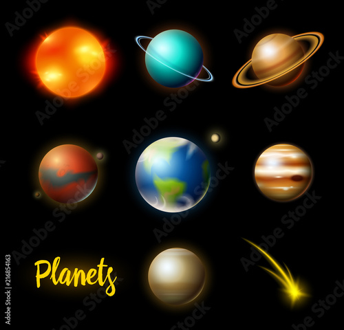 Planets in solar system. Astronomical galaxy. cosmonaut explore adventure. Space Mars and sun, earth and venus. banner or background for a web site.
