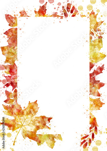 Illustration of fall image. Autumn background with yellow and red maple leaves. Digital watercolor painting.