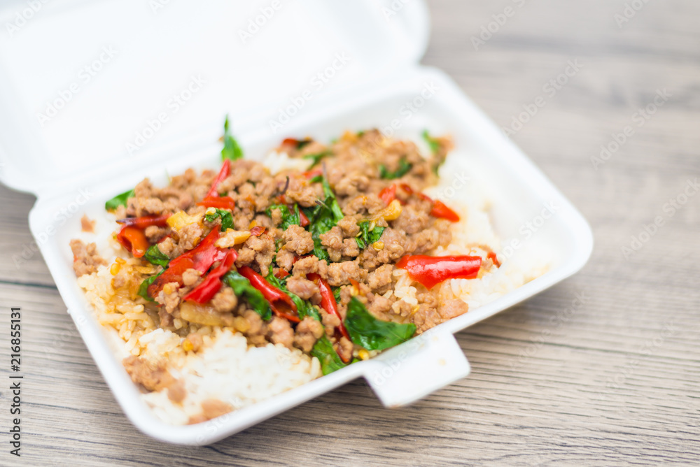 Rice topped with stir-fried pork and basil Rice topped with stir-fried pork and basil