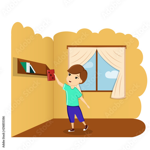 Boy with book in room, illustration, vector. A child with a book. First day of school, back to school