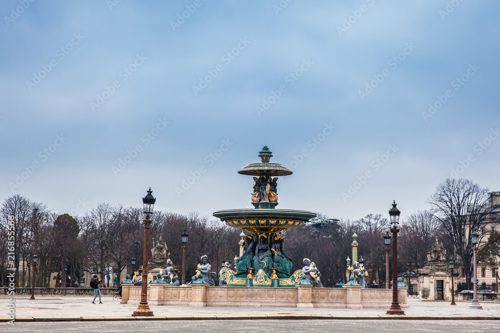 Fountain of River Commerce and Navigation at the Place de la Concorde in a cold winter day
