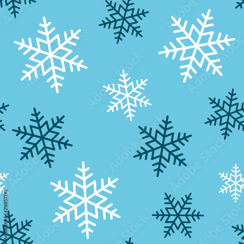 Snowflake seamless pattern. Snow on blue background. Abstract wallpaper  wrapping decoration. Symbol winter  Merry Christmas holiday  Happy New Year celebration Vector illustration.