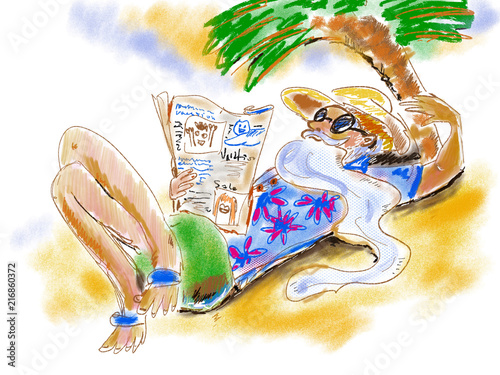 Wizard's vacation. Man on the beach with newspaper under a palm tree. Man lying on the sand in a straw hat, sunglasses, long beard, in colorful t-shirt and shorts photo