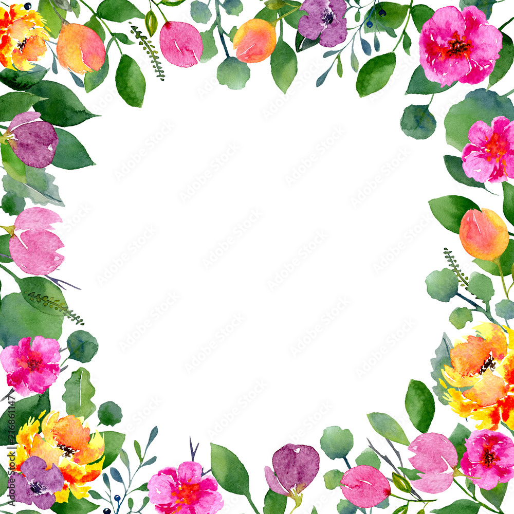 Watercolor floral frame. Background with fresh spring foliage, bright flowers and place for text