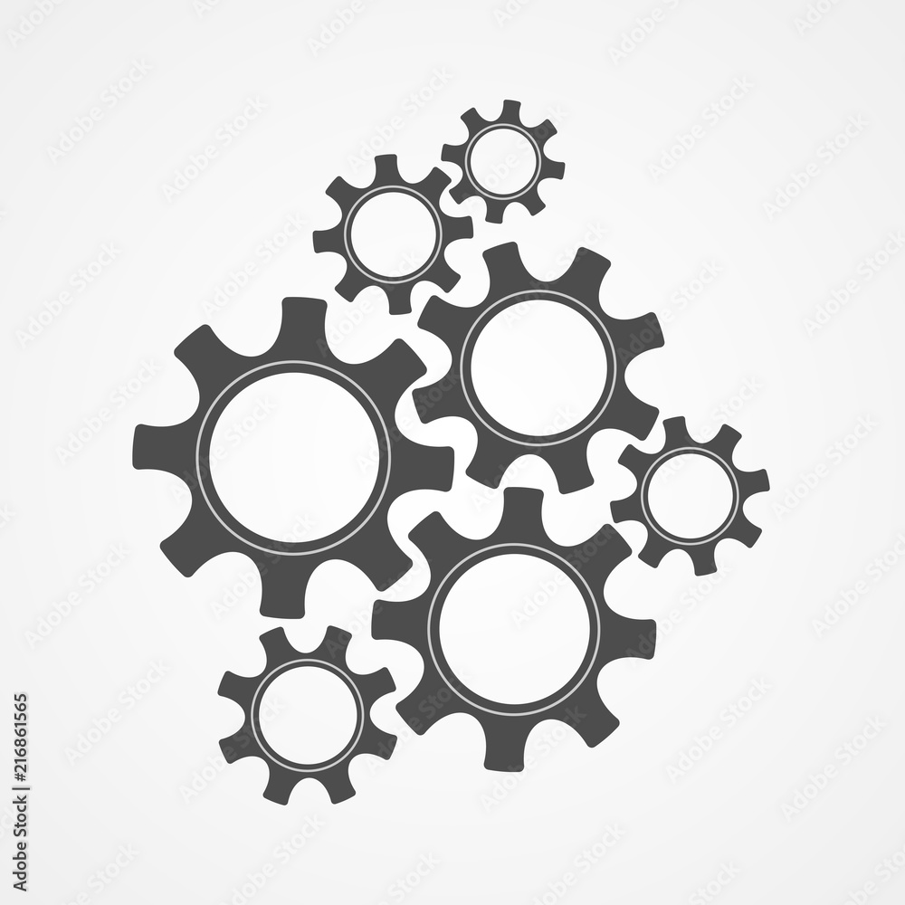 Fototapeta premium Mechanical cogs technology vector illustration. Development concept design element, black contour cog and gear group signify innovation teamwork. Cogwheel graphic for web icons or modern background