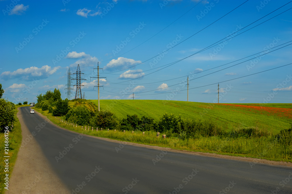 Highway road with poppies field on the roadside