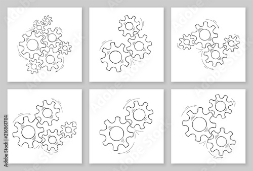 Mechanical gears collection hand drawn vector illustration. Set of cooperation concept design, engine system with sketched cog and gear signify human progress. Cogwheel doodle graphic for web element