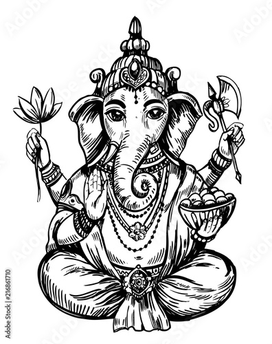 Ganesha. Indian god. Hand drawn illustration converted to vector