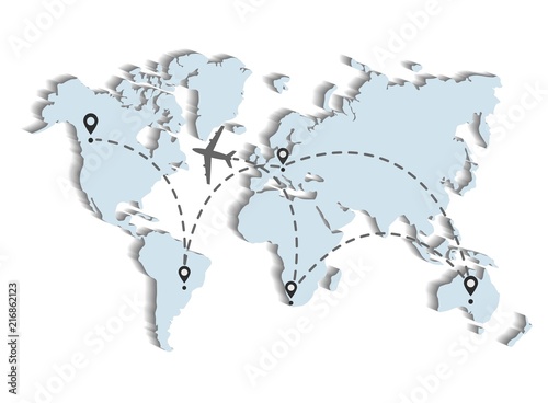 Airplane flight route over the map of the world. Vector