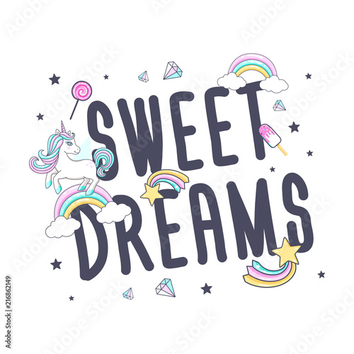White cute unicorn with inscription - Sweet dreams. For print design.