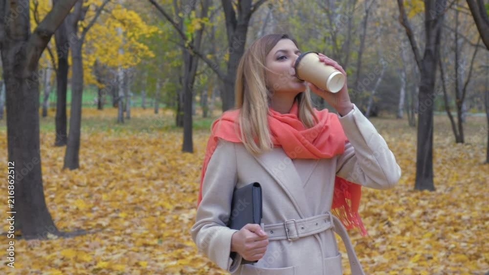 An Elegant Lady In The Autumn Park Holds A Folder Or A Laptop And Drinks Coffee An Elegant Lady In The Autumn Park Holds A Folder Or A Laptop And Drinks Coffee
