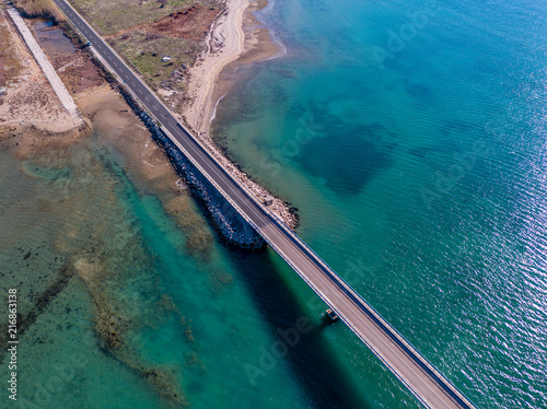 Aerial view of bridge to island Vir over Adriatic sea, Zadar county, Croatia, Mediterranean