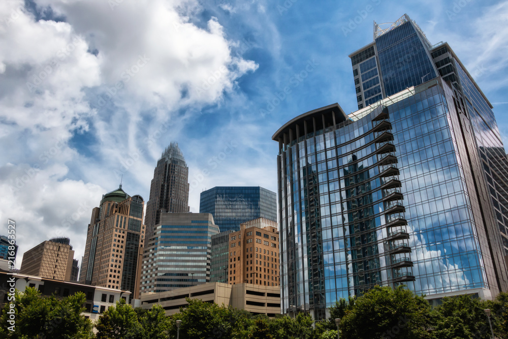 Skyline view of Charlotte, North Carolina. Visible logos and trademarks removed.