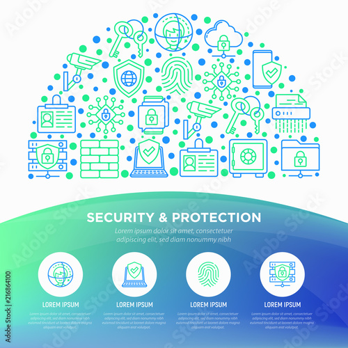 Security and protection concept in half circle with thin line icons  mobile security  fingerprint  firewall  face ID  secure folder  surveillance camera  encrypted messaging. Vector illustration.