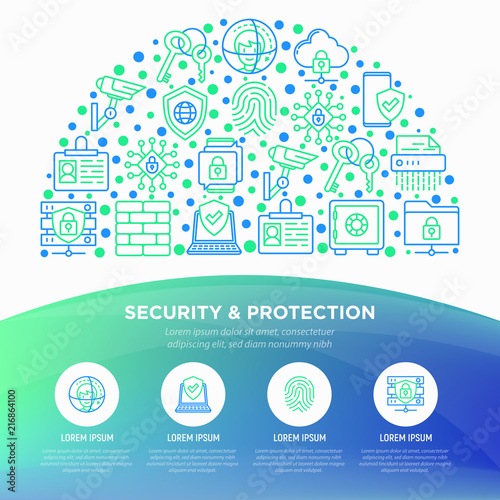Security and protection concept in half circle with thin line icons: mobile security, fingerprint, firewall, face ID, secure folder, surveillance camera, encrypted messaging. Vector illustration.