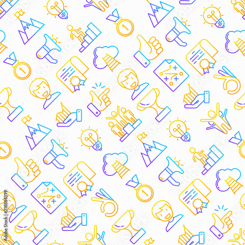 Success seamless pattern with thin line icons: trophy, idea, mountain peak, career, bullhorn, strategy, ladder, winner, medal, award, good choice, easy, certificate. Modern vector illustration.