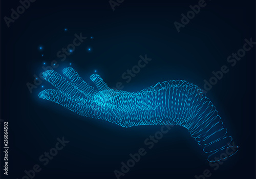 A glowing wire of dots hand, holding or demonstrating something virtual hand, a hologram