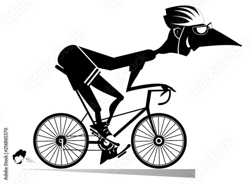 Cartoon man rides a bike isolated illustration. Smiling man in helmet rides a bike and looks healthy and happy black on white illustration
