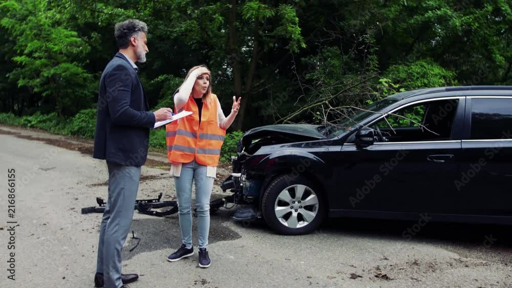 An insurance agent talking to a woman outside on the road after a car accident. An insurance agent talking to a woman outside on the road after a car accident.