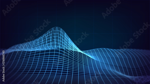 Background with blue glowing grid with waves, relief, abstract, technology