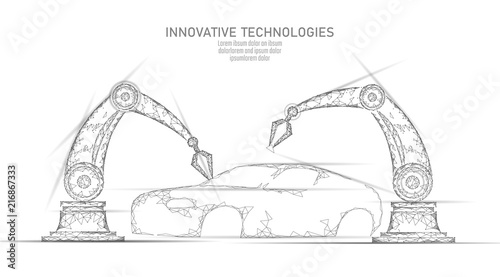 Low poly robotic arm assembly car automation technology. Industrial business factory robot machine welder. Auto body welding android hand polygon white triangle geometric vector illustration