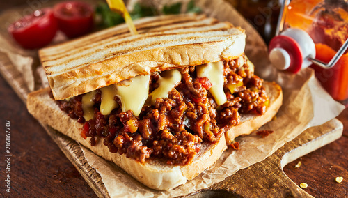 Photography Sloppy joe sandwich with ground meat and cheese