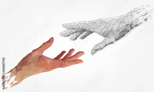 Low polygonal hands, human and robot arms, partnership of people and robots, computer graphics photo