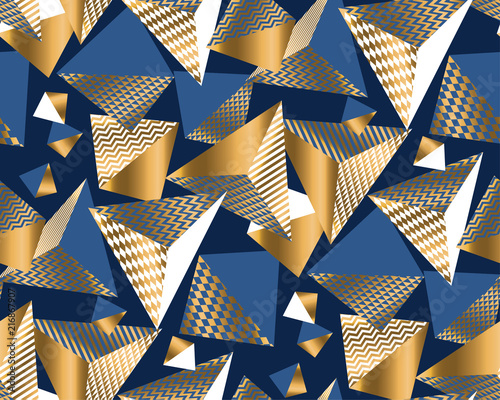 Gold and blue geometric shapes in dynamic chaos.