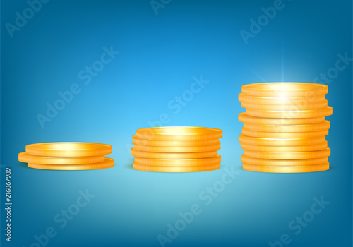 A bunch of gold coins, towers of coins, increased profits, saving money, banking