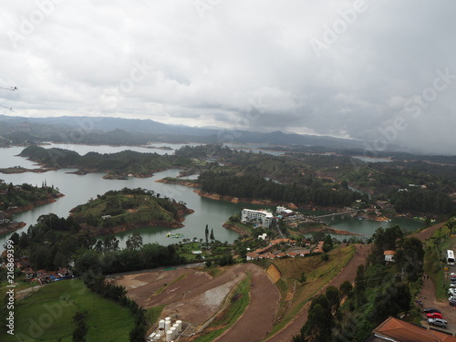 View from the The Rock of Guatape on a cloudy and rainy day, La Piedra or El Peñol, The Stone of El Peñol in Colombia. 