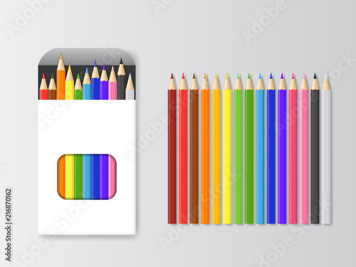 Realistic Detailed 3d Box of Colored Pencils and Pencil Set. Vector