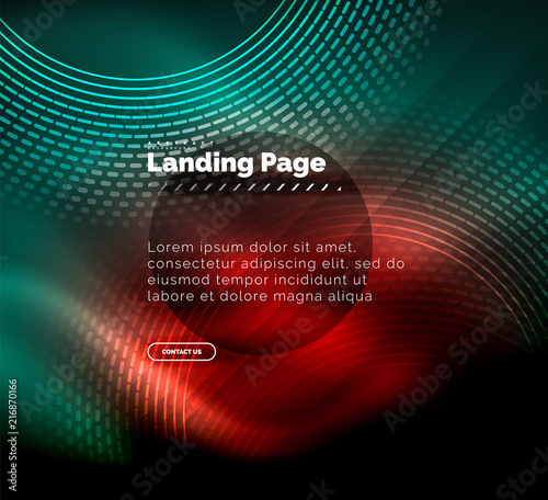 Neon glowing techno lines, hi-tech futuristic abstract background template with circles, landing page template