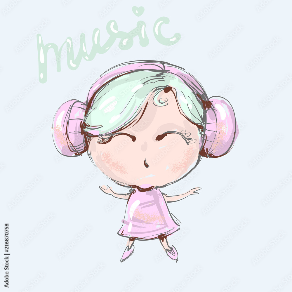 Cute cartoon girl with headphones is listening to music and singing. Vector  illustration for fashion apparel , web baners, icons or posters Stock  Vector | Adobe Stock