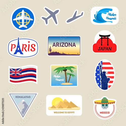 Cartoon Color Travel Stickers Suitcase Set. Vector