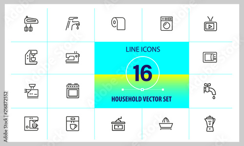 Household icons. Set of  line icons. Washing machine, TV set, sewing machine. Domestic appliances. Vector illustration can be used for topics like housework, housekeeping, technology