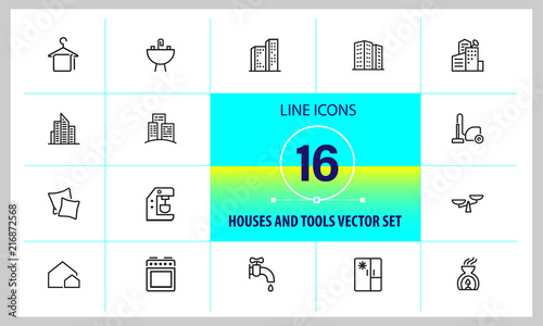 Houses and tools icons. Residential district, coffee machine, fridge. Home services concept. Vector illustration can be used for topics like domestic life, public service, housing development