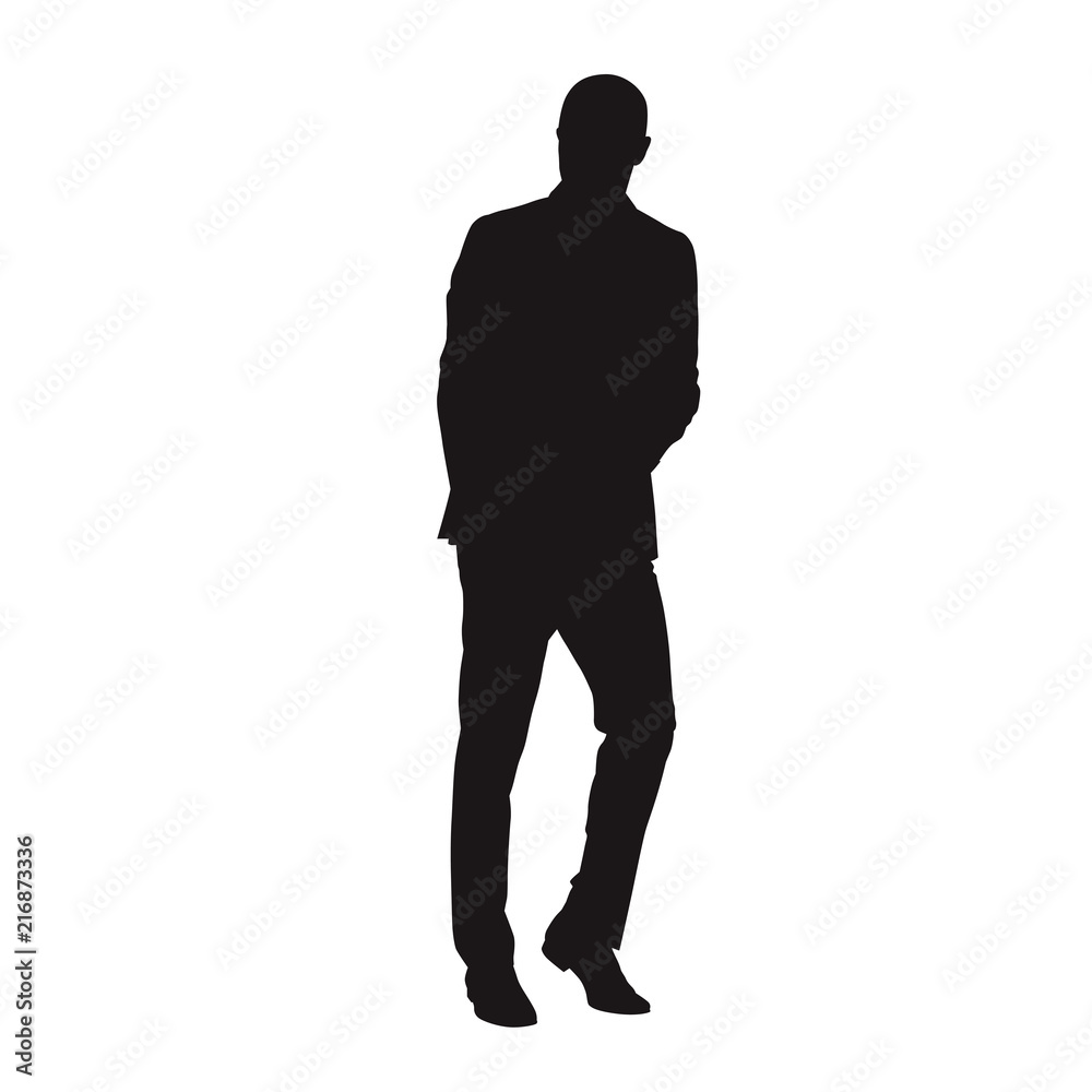 Business man in suit walking or leaning. Isolated vector silhouette