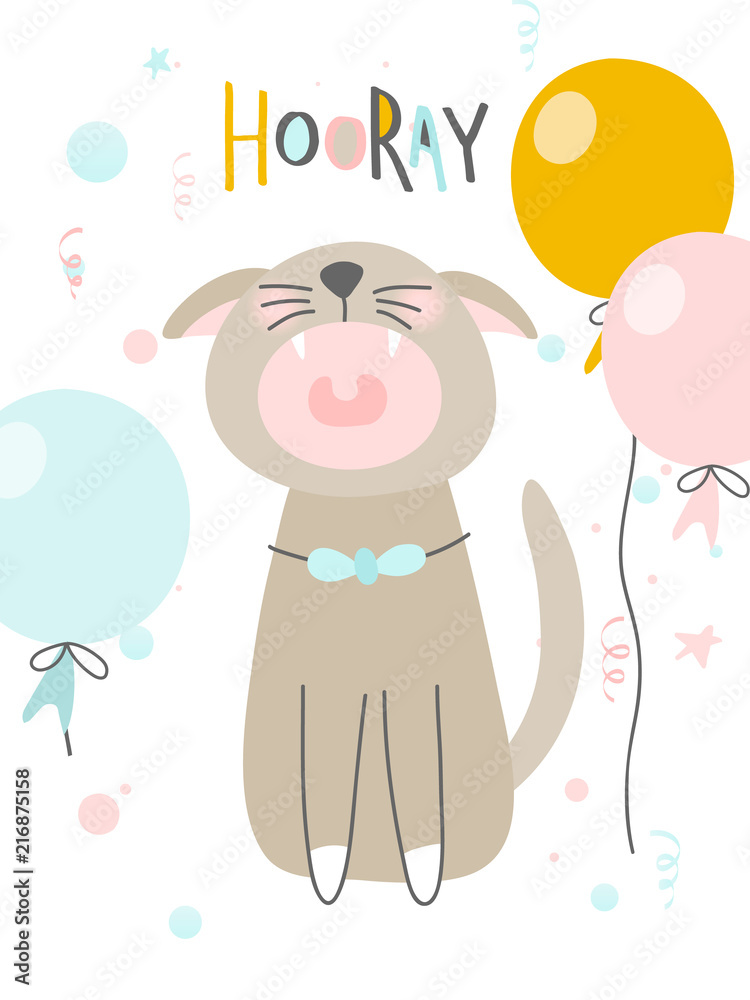Funny cat yells Hooray.Vector illustration.Perfect for kids and baby apparel design, wall art, poster, greeting cards Happy Birthday and other. Funny cat yells Hooray.Vector illustration.Perfect for kids and baby apparel design, wall art, poster, greeting cards Happy Birthday and other.