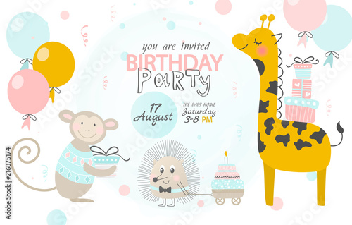 Birthday invitation with cute giraffe, hedgehog and monkey. Vector illustration