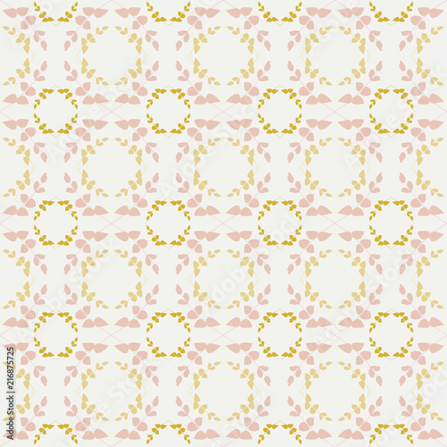 Sweet Sprig, Leaf, and Stem Geometric Seamless Repeat Pattern in Blush and Gold on a Creamy Yellow Background.