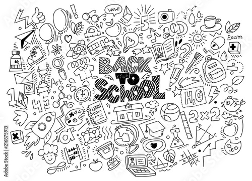 Hand drawn back to school doodles and sketch style lettering on background. Vector black and white linear illustration. For banners, posters, flyers. A lot of education icons, study symbols