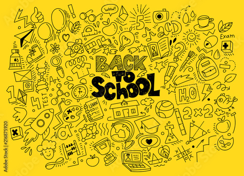 Hand drawn back to school doodles and sketch style lettering on yellow background. Vector illustration. For banners, posters, flyers. A lot of education icons, study symbols