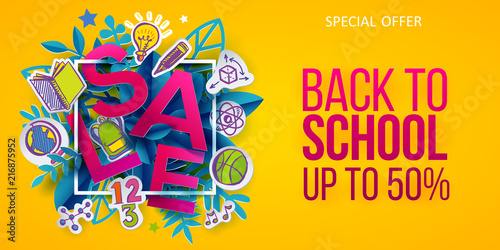 Back to school Sale leaves and colored hand drawn doodle icons education symbols. Business banners, posters, flyers. Paper art cut out craft retro style. Yellow background