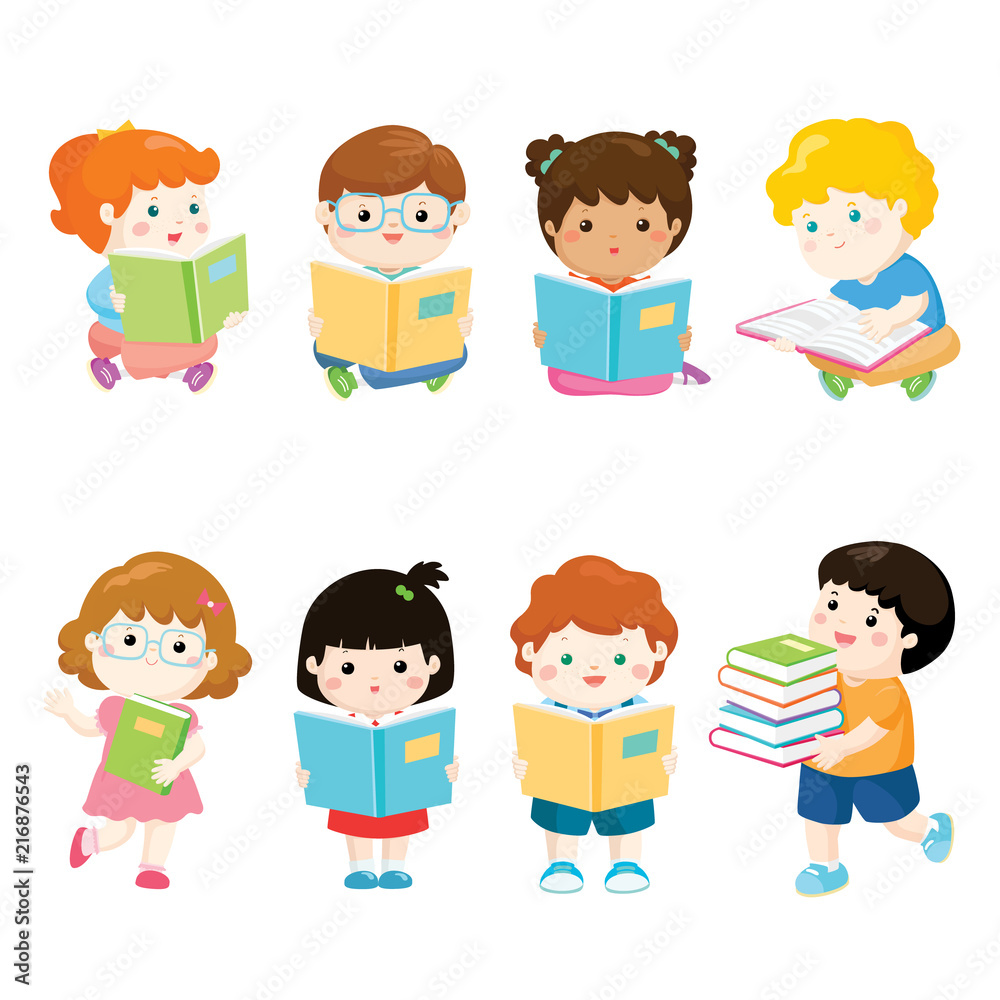 kids reading books for education vector set kids reading books for education vector set